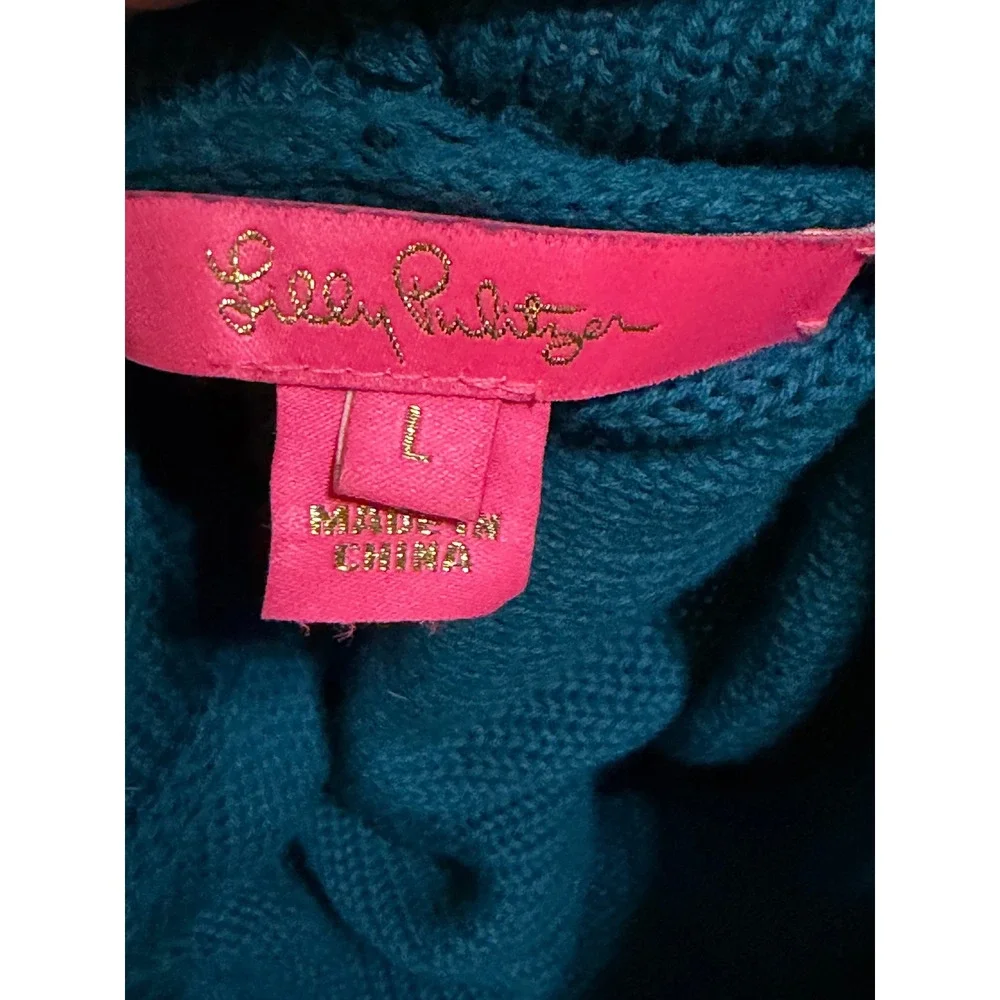 Lilly Pulitzer Teal Open Front Fringe Cardigan Sweater L Boho Coast‎